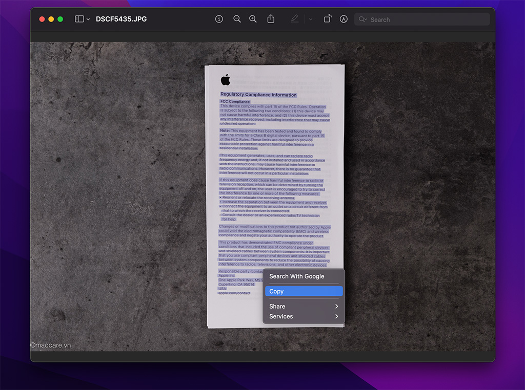 Tính năng Live Text sao chép văn bản trong hình trên MacOS Monterey