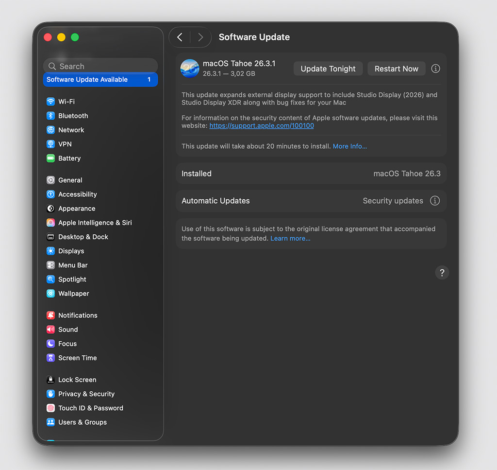 MacOS Tahoe 26.3.1 chính thức hỗ trợ Studio Display và Studio Display XDR 2 macos tahoe 26.3.1 chính thức từ apple