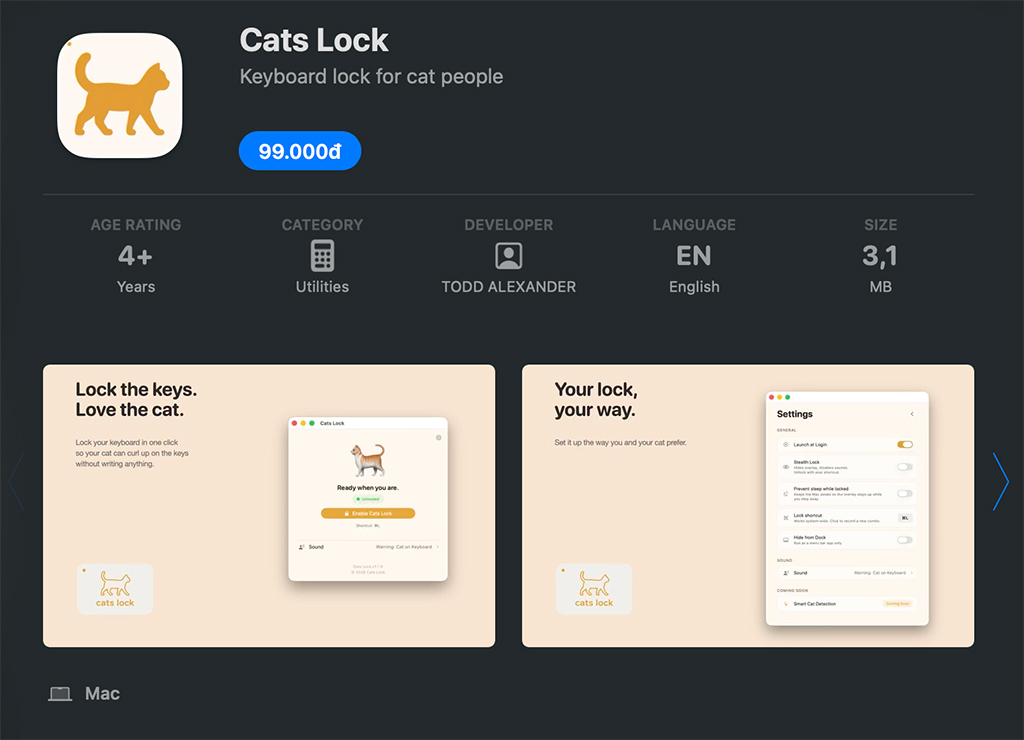 App Cats Lock cho Mac giúp ngăn mèo phá hoại bàn phím